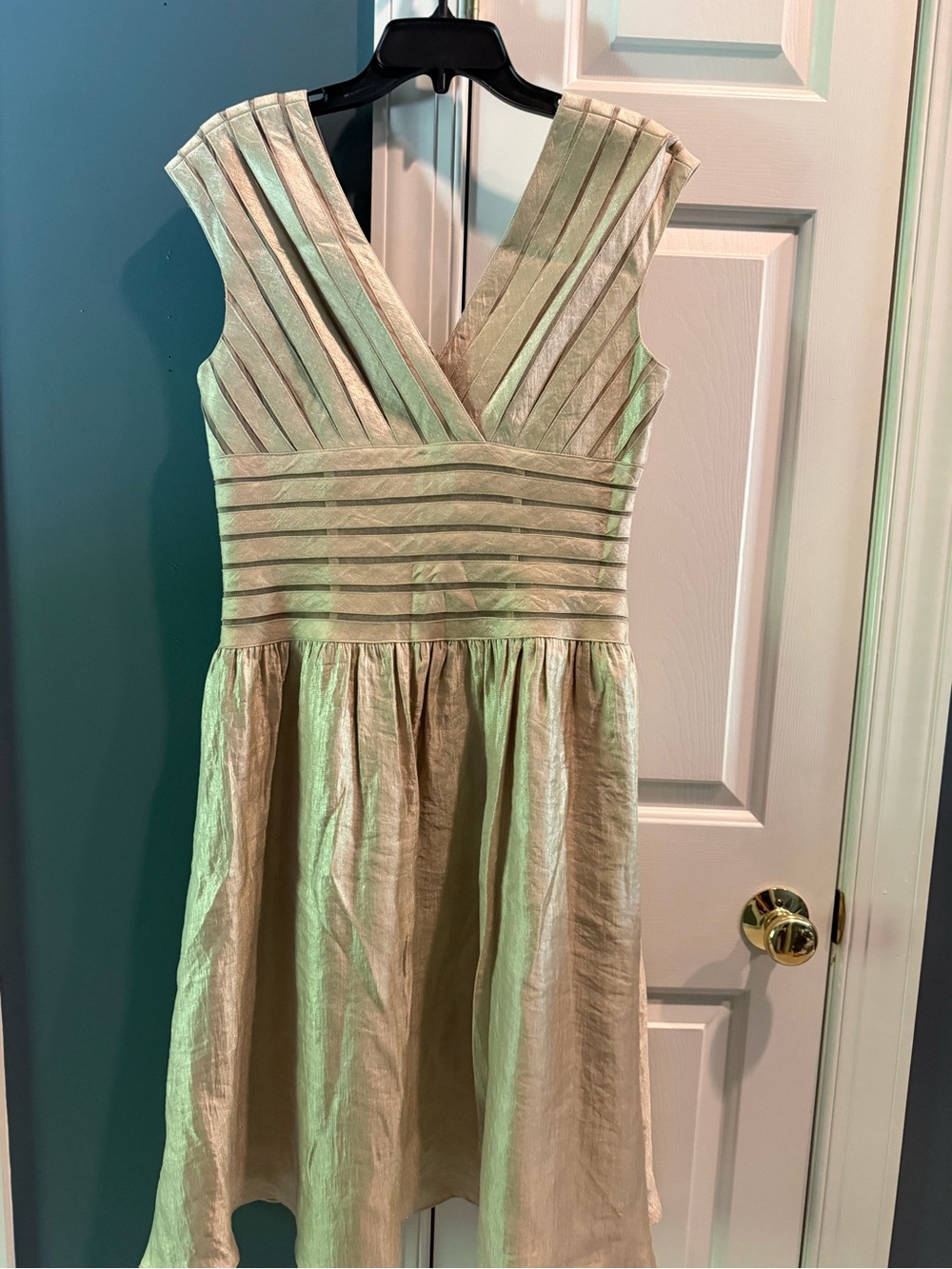 Andre Oliver Pleated V-Neck Dress in Light Gold